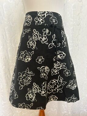 Black and White Floral A-Line Skirt with Tie Waist